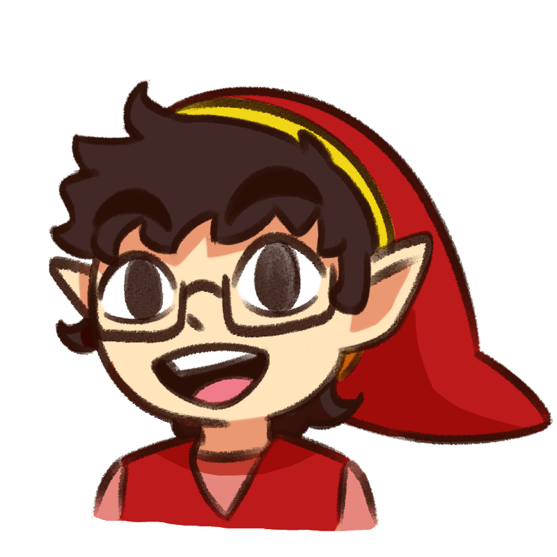 PNGtuber of a man with glasses, dressed in a red Link costume (as in link from Legend of Zelda). Mouth open.