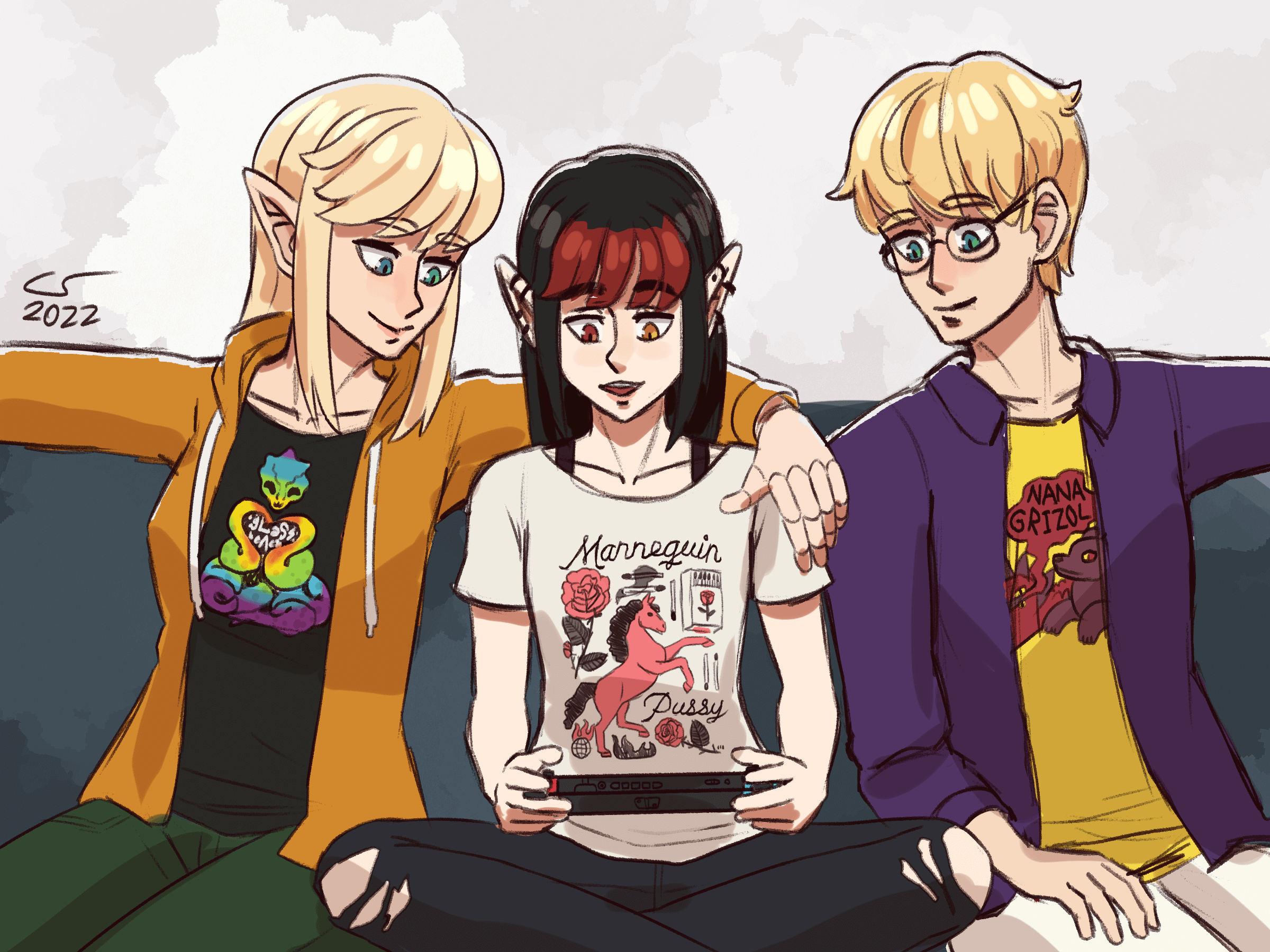 Colored sketch of Caelle, Vae, and Isaac sitting on the couch together and playing video games.