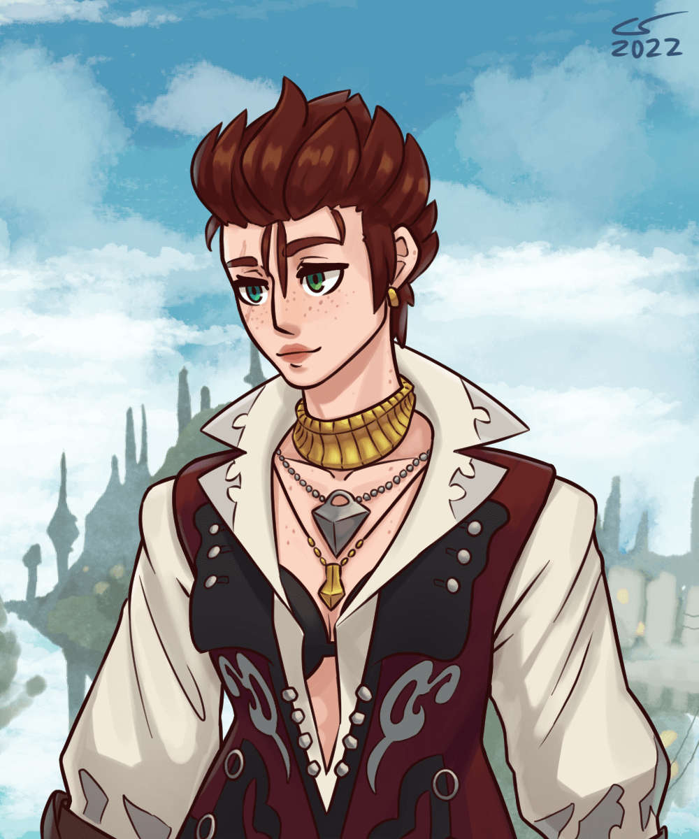 Portrait of a Hyur Highlander woman with short, red hair and freckles. The city of Limsa Lominsa sits in the distance.