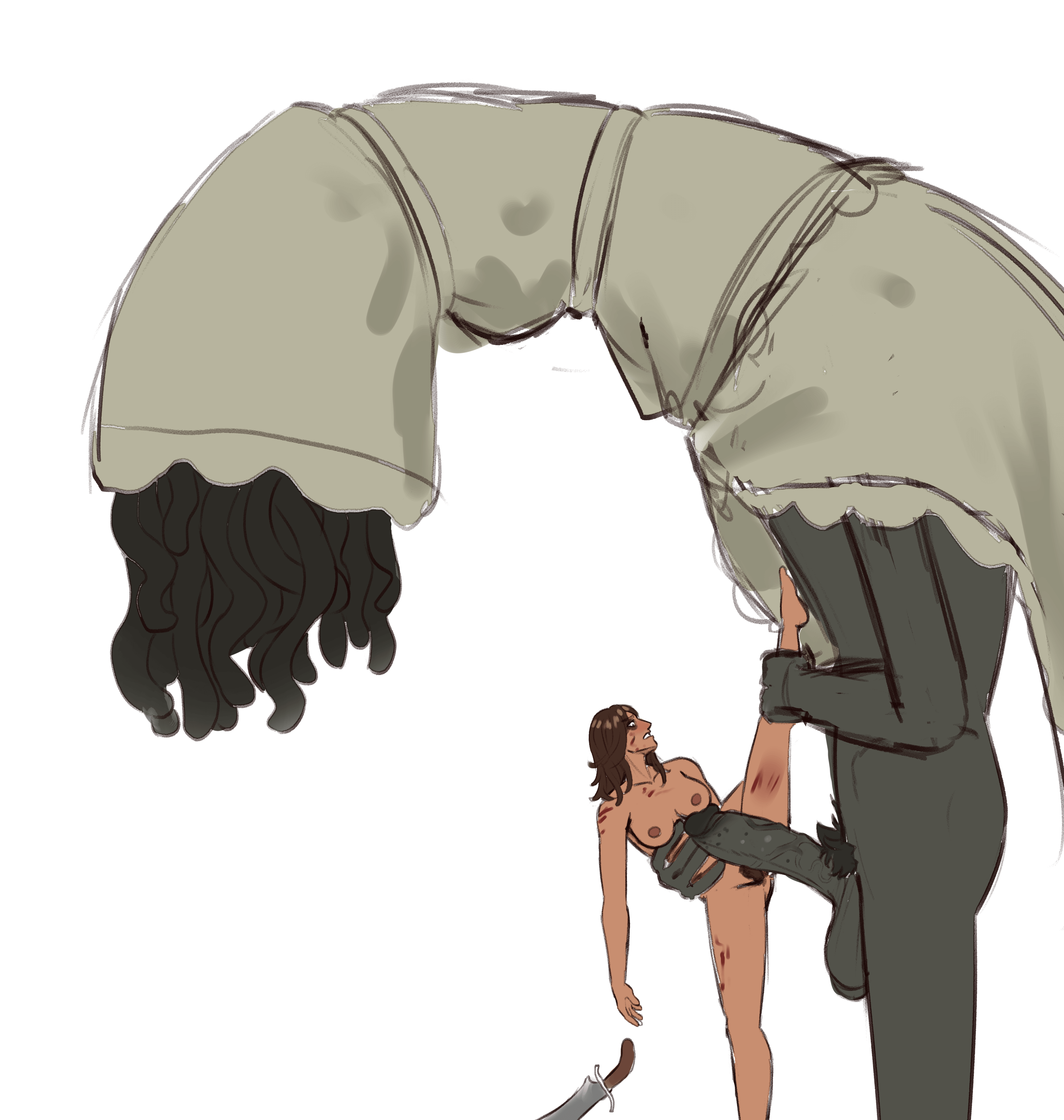 Colored sketch of a wormface from Elden Ring grabbing a defeated protagnist and holding them up to its enormous, erect cock.