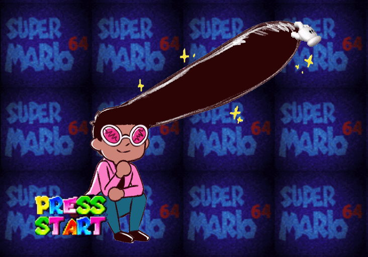 Portrait of a man with an extremely long pompodour, being stretched by a hand cursor on the Super Mario 64 title screen.