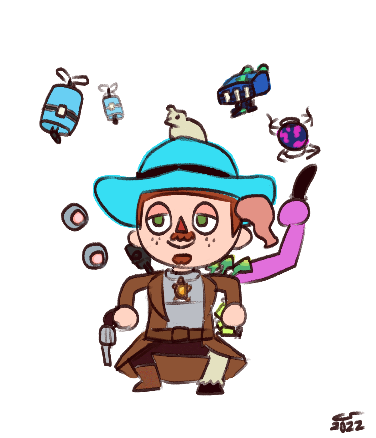 Doodle of my avatar dressed as the Bandit from Risk of Rain 2, covered in various weird upgrades and orbited by drones.