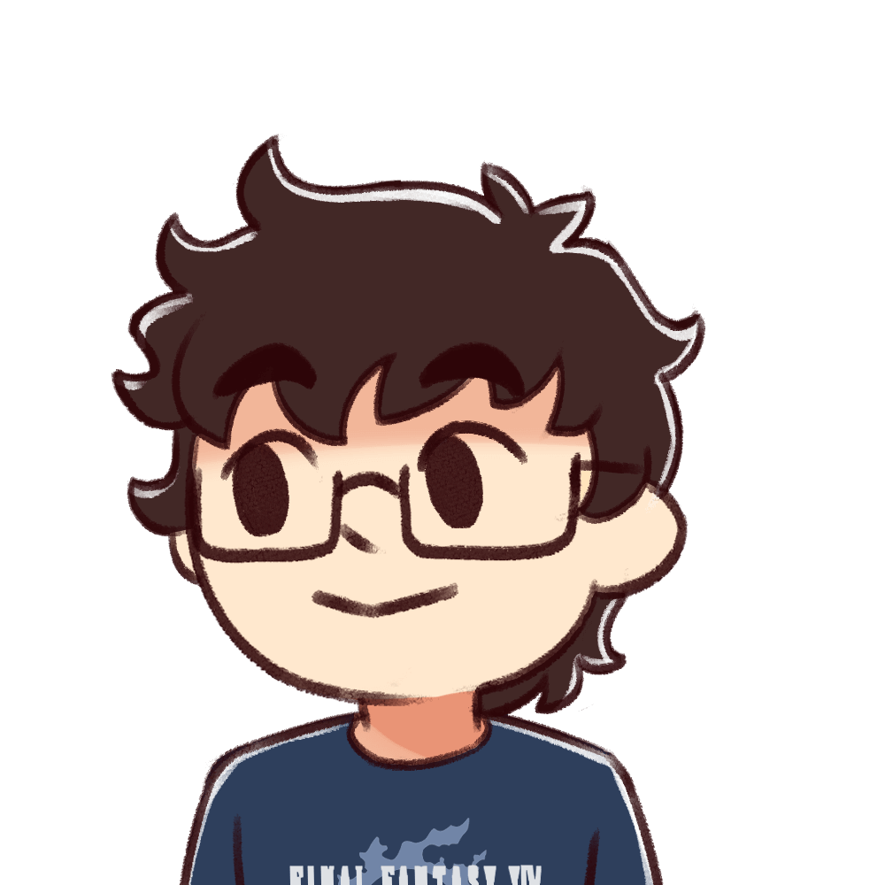 PNGtuber of a man wearing glasses and a final fantasy 14 t-shirt, mouth closed.