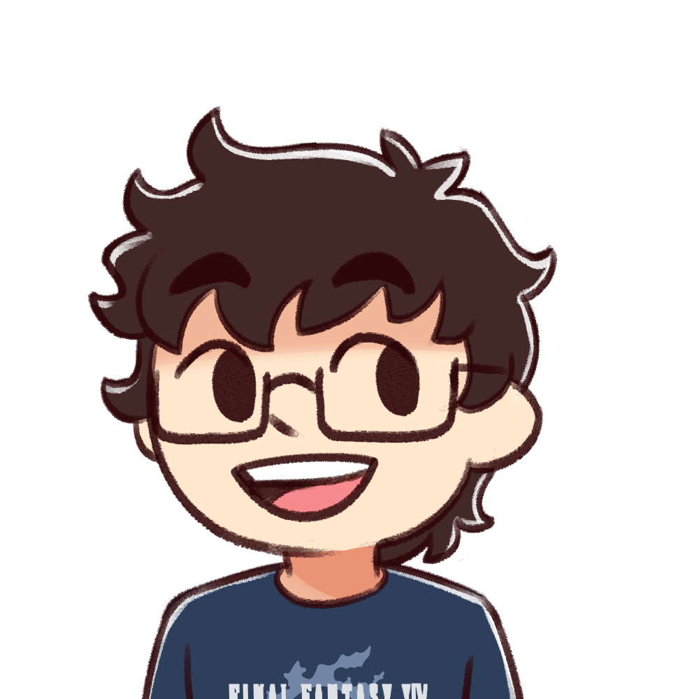 PNGtuber of a man wearing glasses and a final fantasy 14 t-shirt, mouth open.