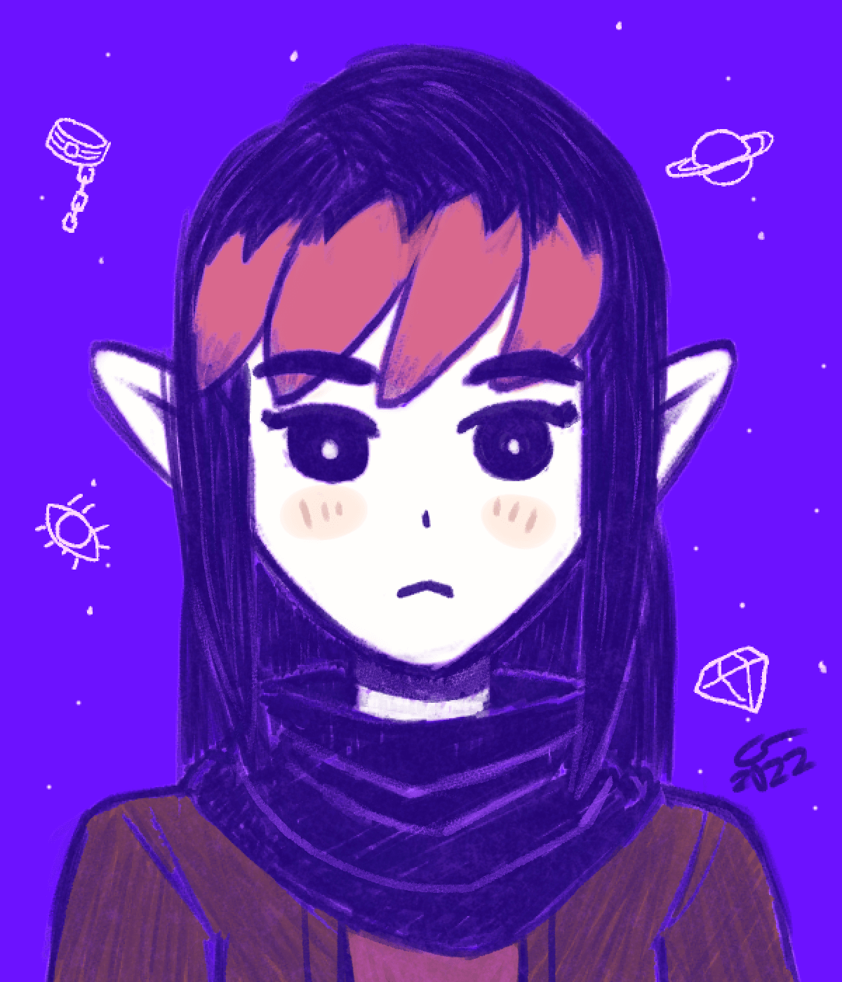 Portrait of Vae in the style of Omori, a game with a scribbly, colored-pencil-type look and a limited color palette.