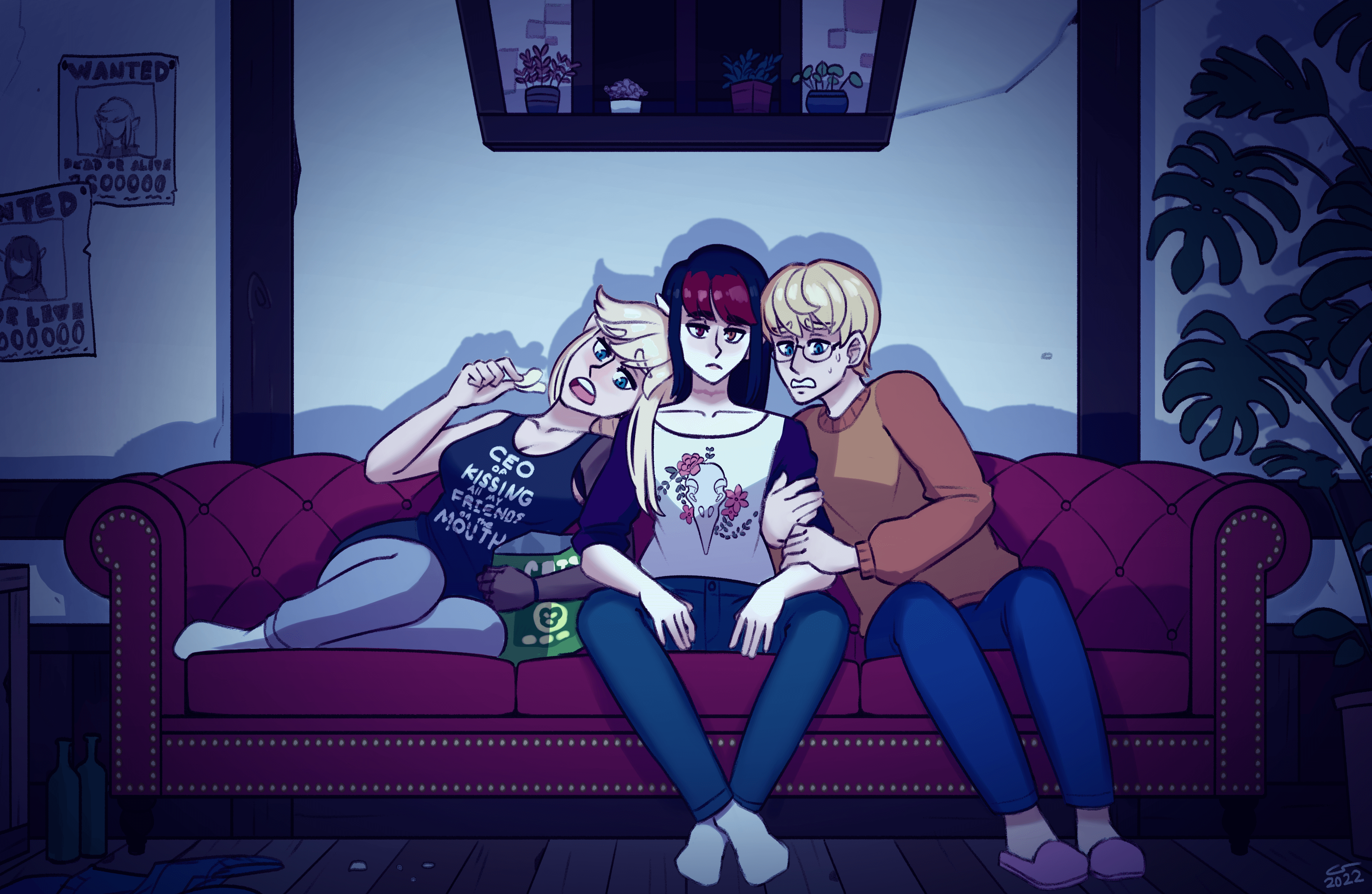 Illustration of Caelle, Vae, and Isaac sitting on the couch, illuminated by the glow of an unseen TV. Isaac and Caelle are both leaning on Vae, looking scared. Vae is sitting calmly with a flat expression on her face.