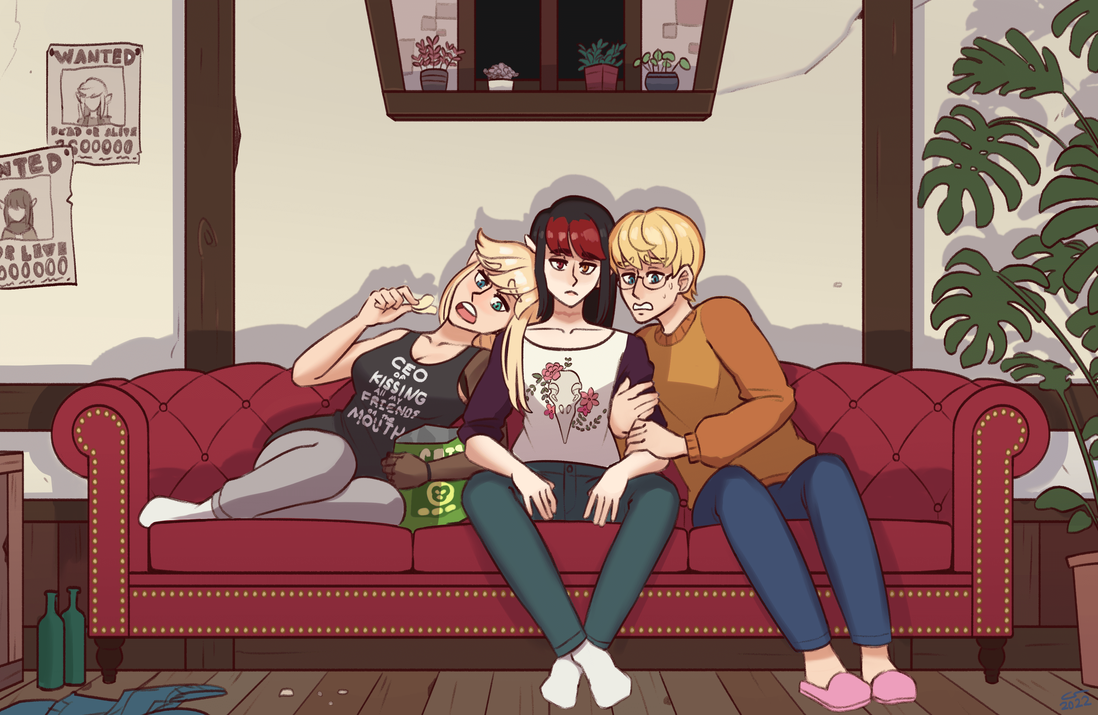 Variant of the same illustration as earlier of Caelle, Vae, and Isaac sitting on the couch watching TV together, only this time the lights are on.