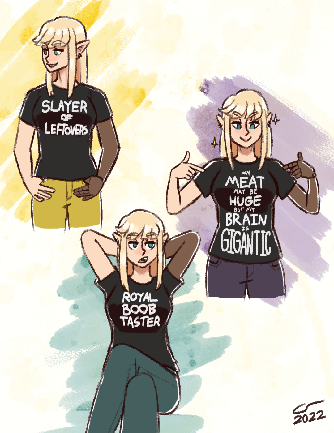 Multiple drawings of Caelle posing in different t-shirts with stupid things written on them, such as 'Slayer of leftovers', 'my meat may be huge but my brain is gigantic', and 'royal boob taster'.