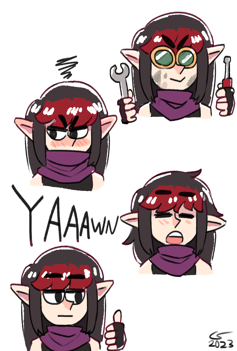 Assorted doodles of Vae in a cute cartoony style. In one, she's wearing goggles, holding a wrench and a screwdriver, looking determined. In another, she's looking flustered, retreating into her scarf. In another, she's yawning. In another, she's giving a thumbs up with a flat expression.