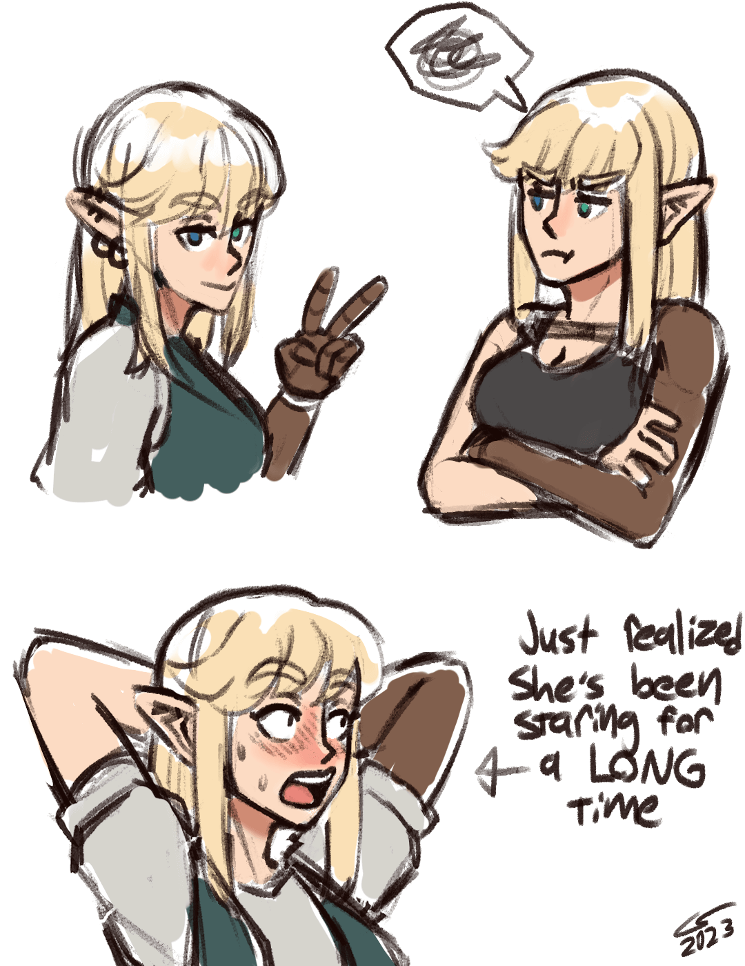 Assorted sketches of Caelle, giving a peace sign, folding her arms and looking annoyed, and blushing and looking away with her arms folded behind her neck. The latter sketch has a note next to it that reads: 'just realized she's been staring for a LONG time'