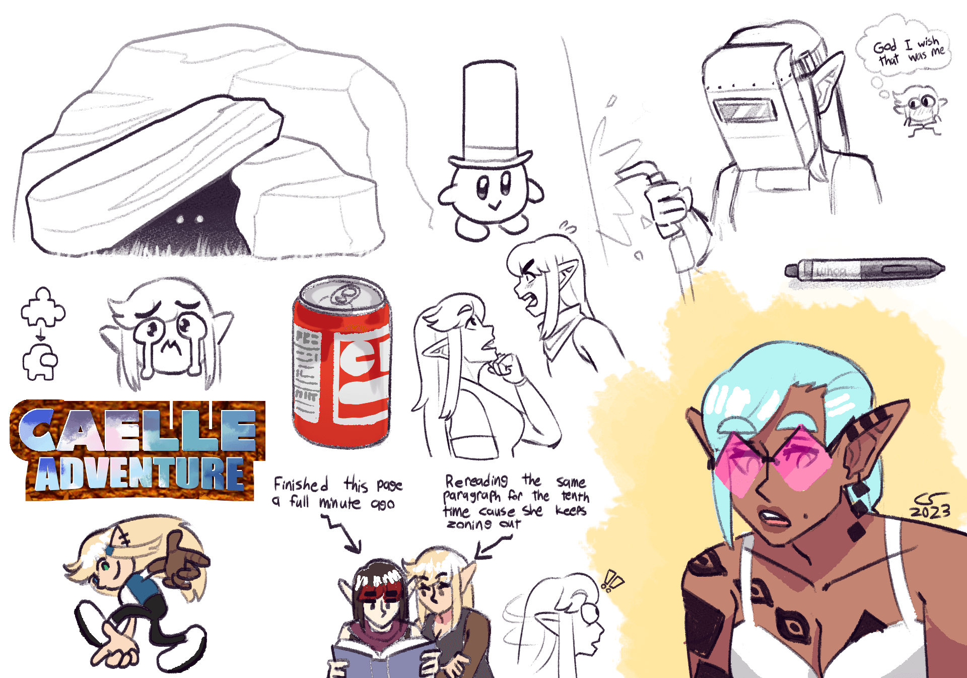 Assorted doodles and sketches, including a woman with diamond-shaped glasses, blue hair, and tattoos, Caelle in the sonic adventure pose, Caelle and Vae reading together, Kirby wearing Professor Layton's hat, And Caelle blushing and thinking 'God I wish that were me' while watching Vae weld something.