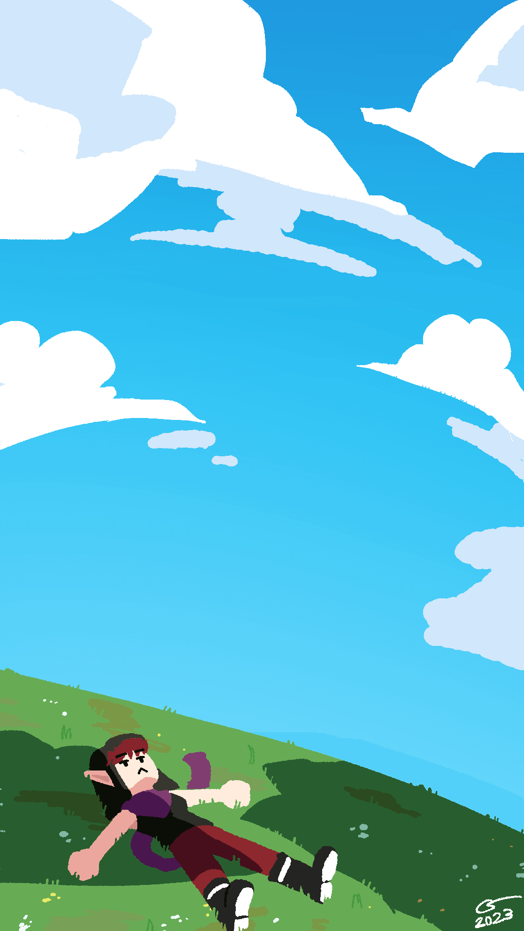 Colorful lineless illustration of Vae lying in the grass on a hill, looking at a bright blue sky