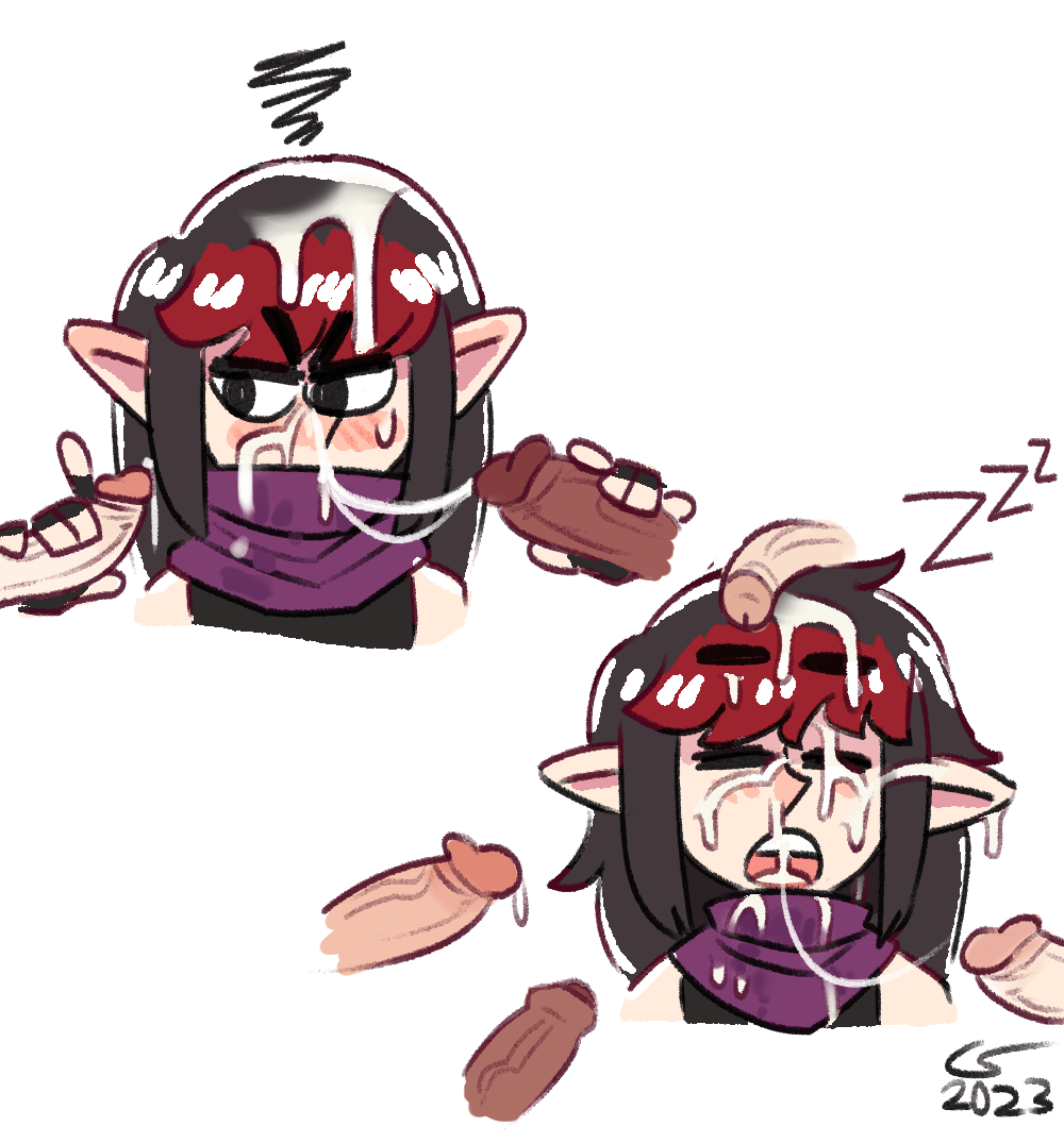 Doodles of Vae surrounded by cocks and covered in cum. In one drawing, she's blushing and looking annoyed as the cum drips onto her clothes. In the other, she's fast asleep, her open mouth filled with cum.