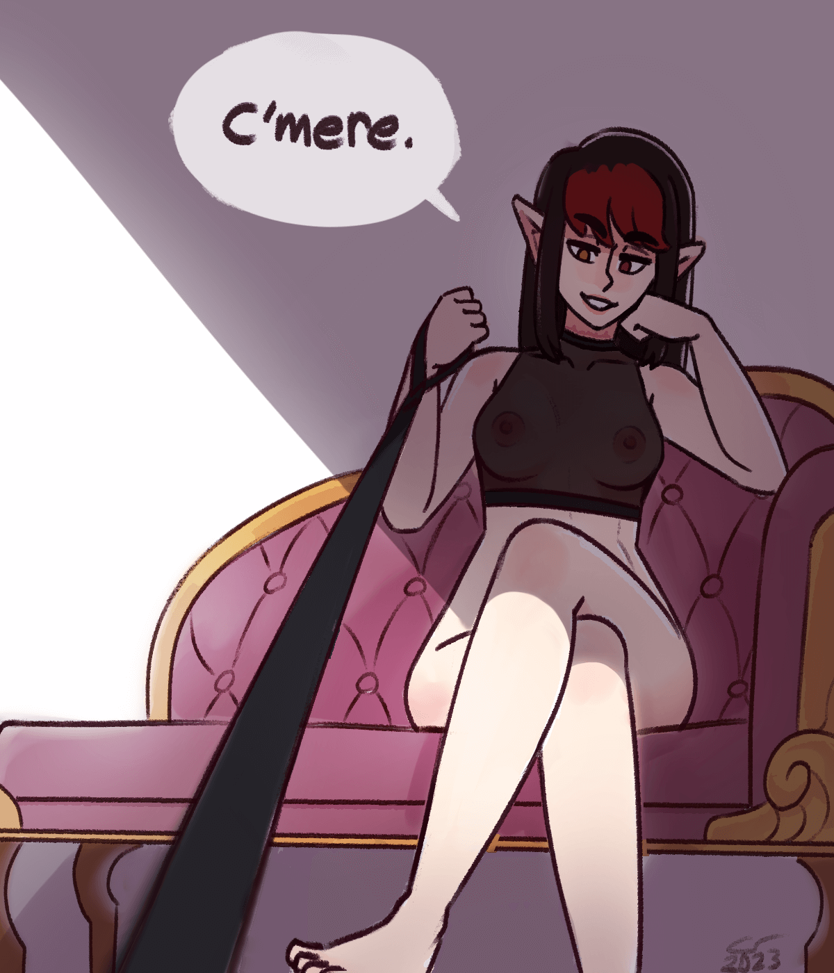 Illustration of Vae sitting cross-legged and half-naked on a chaise lounge. She's holding a leash, and the illustration is drawn from the perspective of whoever is on the other end of the leash, so it looks like she's pulling the viewer closer. 'C'mere', she orders with a smile.