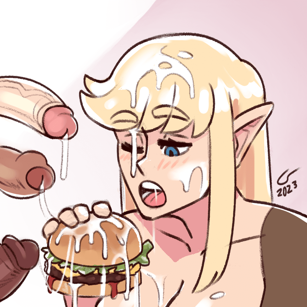 Colored sketch of Caelle, naked and surrounded by dicks. She's holding a large burger, about to take a bite. The burger is soaked in cum, and so is her face.