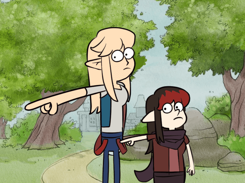 Illustration of Caelle and Vae drawn in the style of Regular Show, staring and pointing at the camera