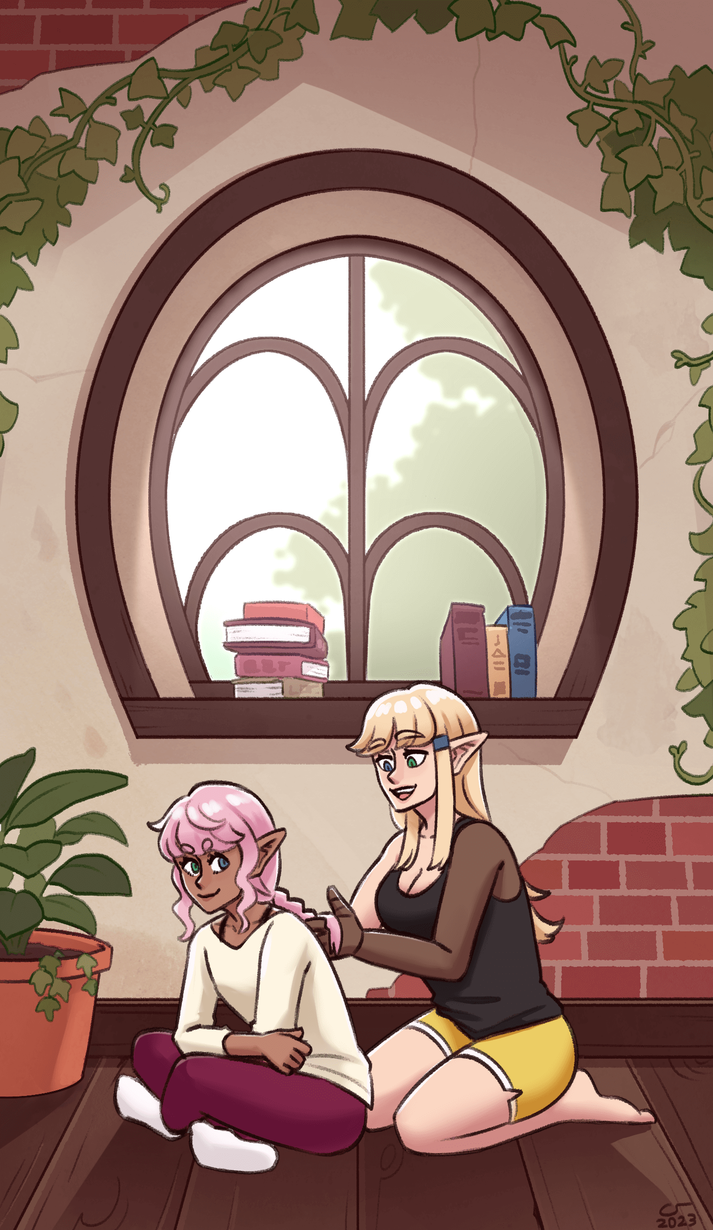 Illustration of Caelle braiding Shen's hair on the floor of a cozy living room, beneath a window framed by ivy.