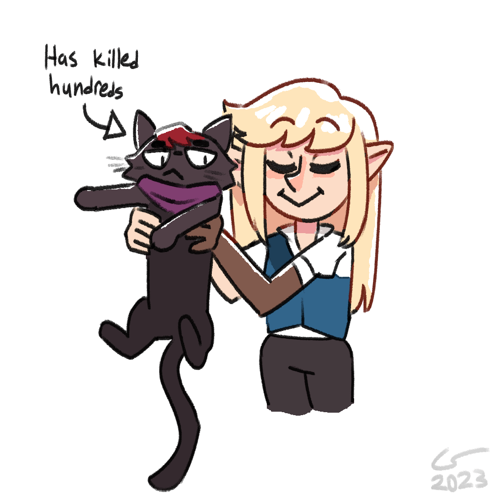 Doodle of Caelle holding up a cat version of Vae, who looks unamused. A note in the corner reads ‘has killed hundreds’ with an arrow pointing to Vae.