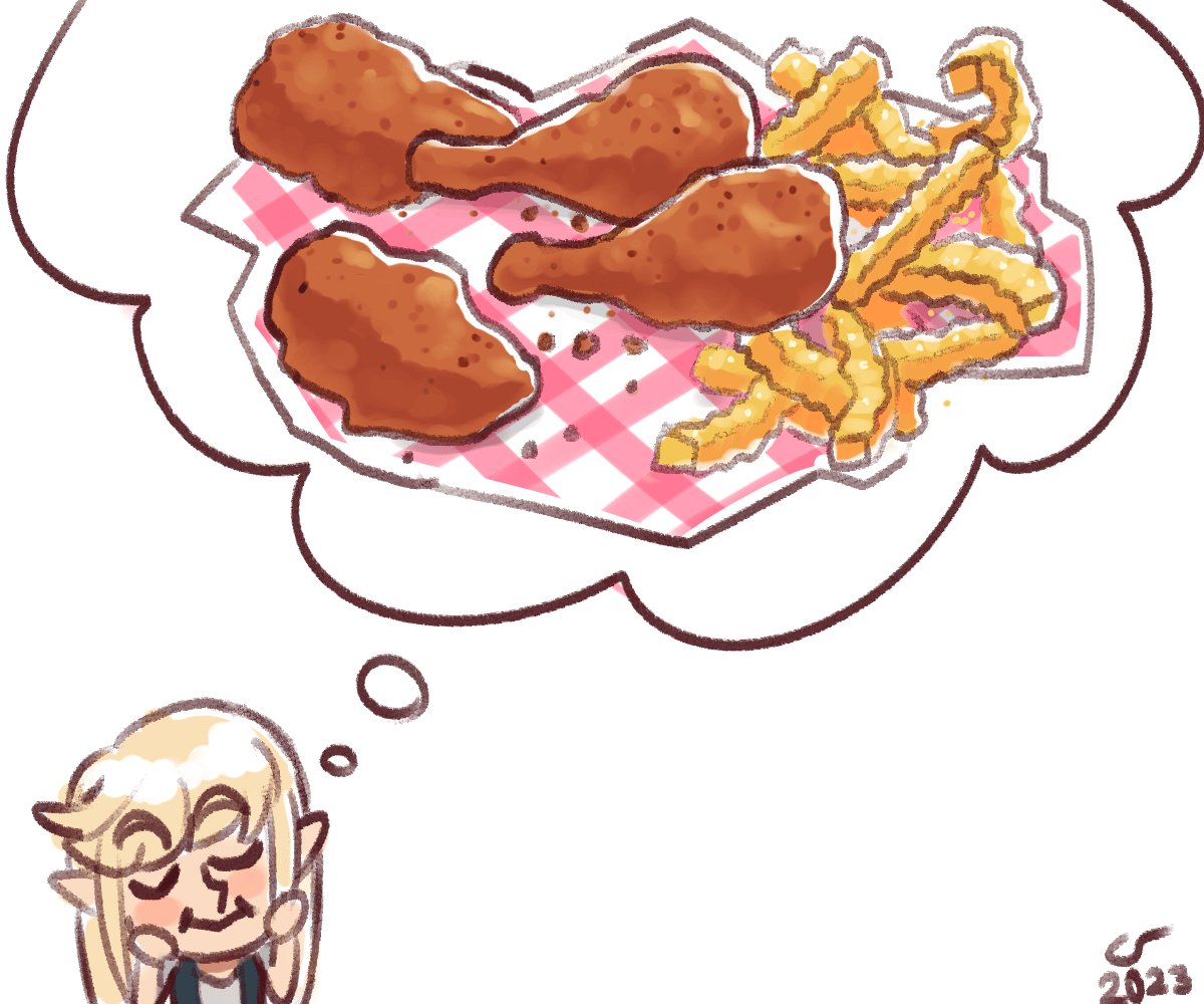 doodle of Caelle daydreaming about fried chicken and crinkle-cut fries