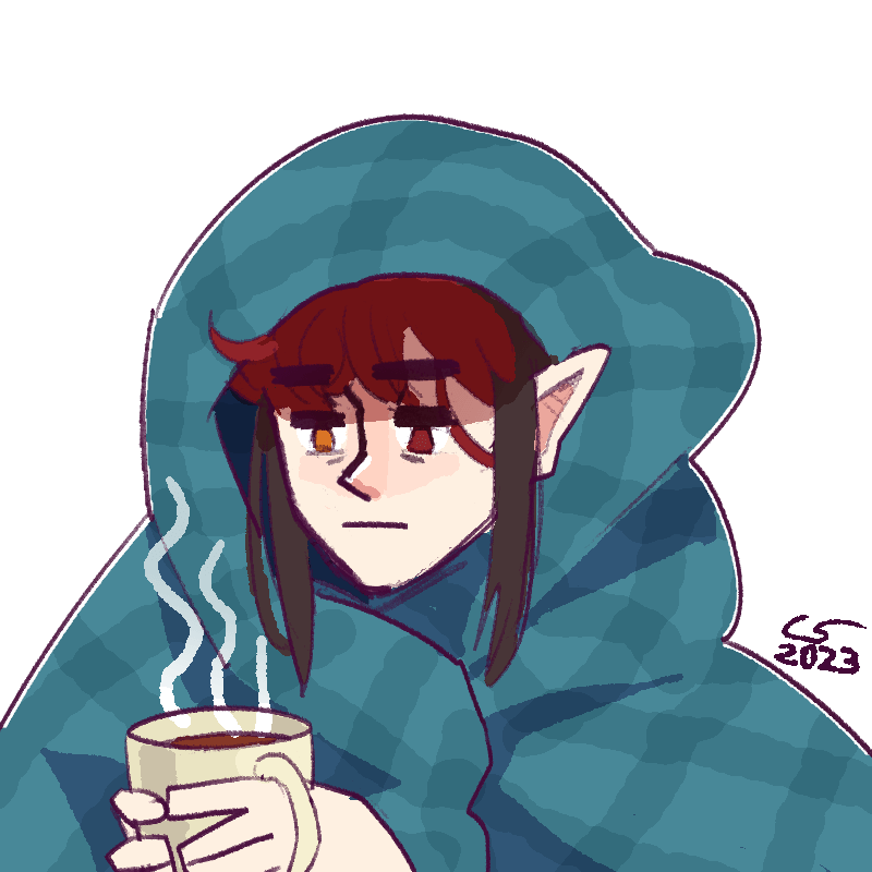 Illustration of Vae wrapped in a blanket, looking tired and holding a mug of some hot beverage.