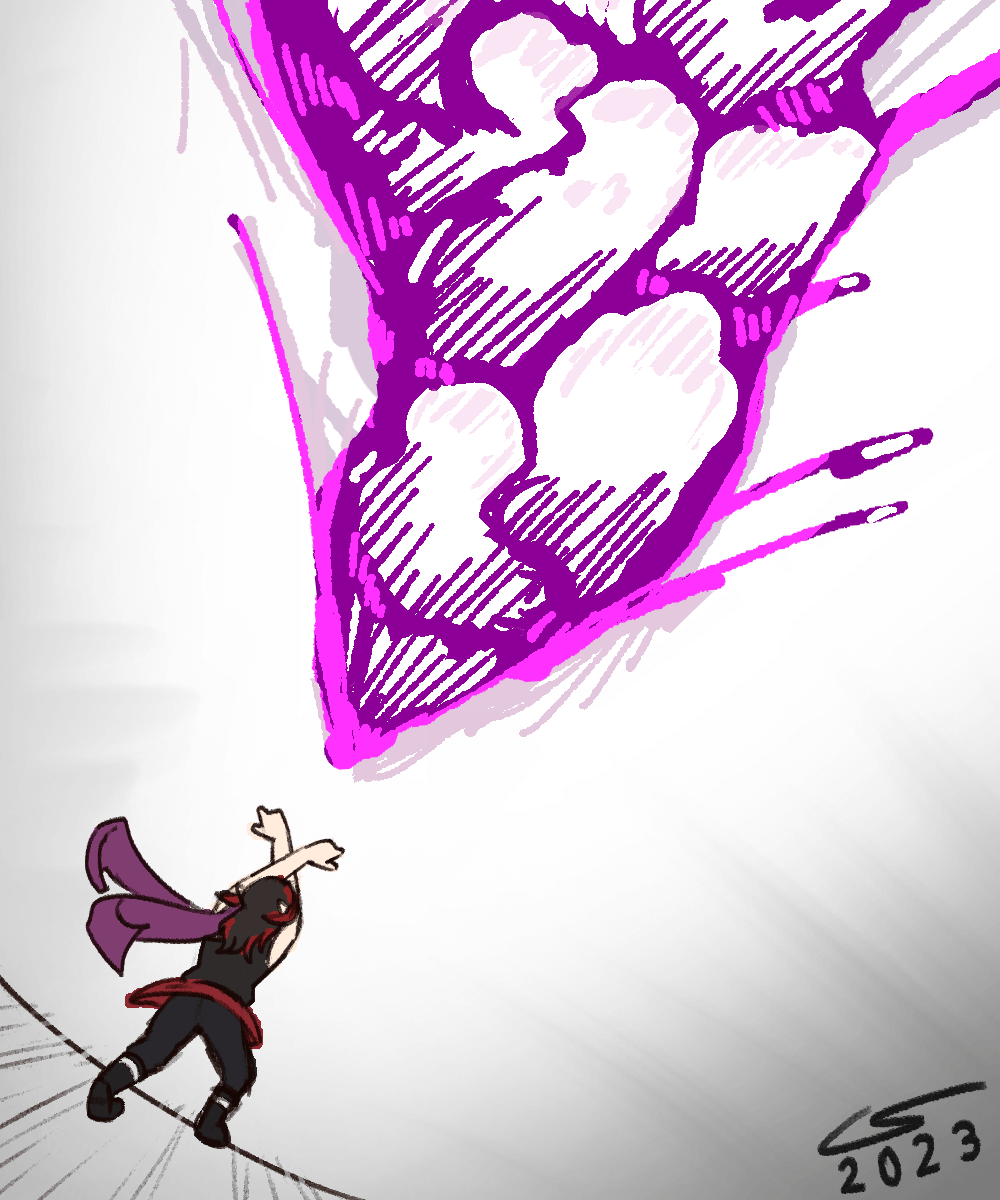 Colored sketch of Vae firing a towering explosion of dark energy into the air.