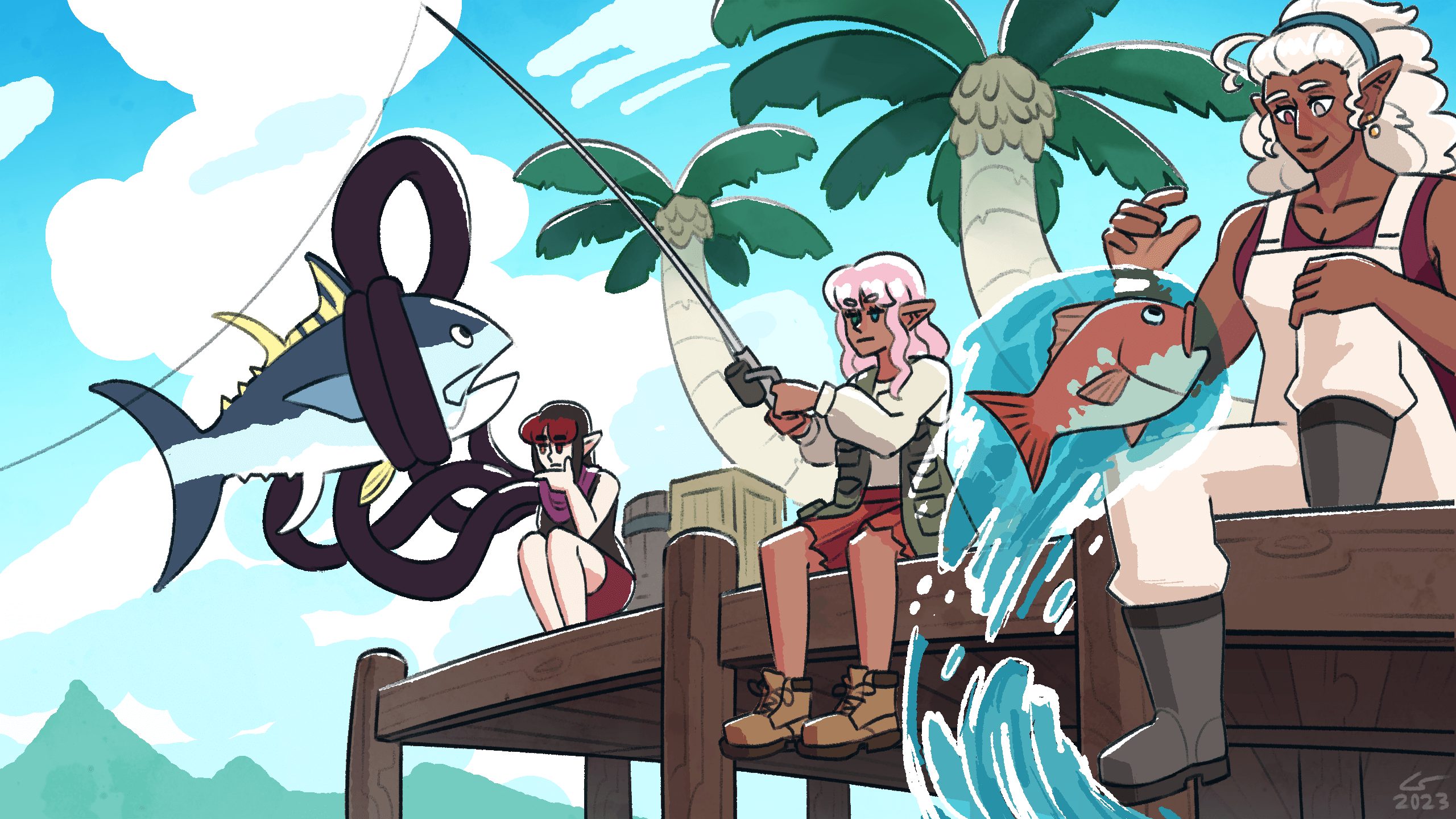 Illustration of Shen on a fishing trip with Vivian and Vae. The three of them are sitting on a dock, fishing in the ocean. Shen is fishing with a rod, catching nothing, looking annoyed, while on either side of her Vivian and Vae are both using their magic to catch huge fish.