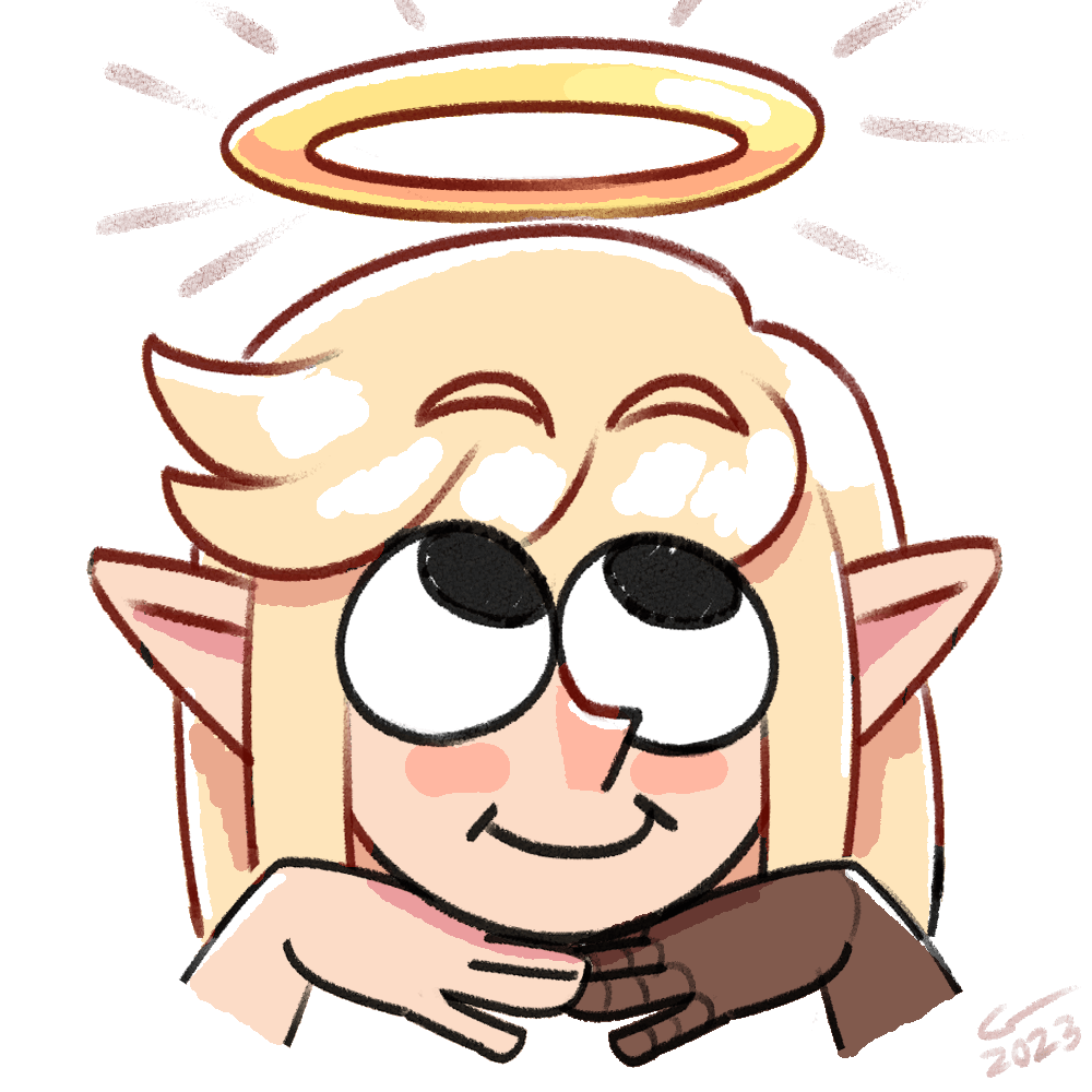 Doodle of Caelle in a cute cartoony style, looking so so innocent with a halo over her head. She has never done anything wrong.