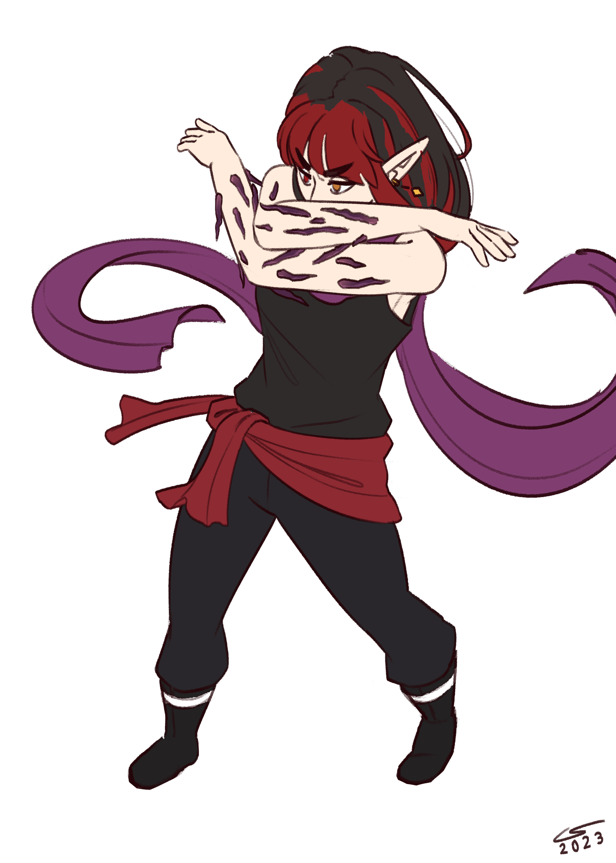 Colored sketch of Vae in a defensive stance, jagged, black needles sprouting from her arms.