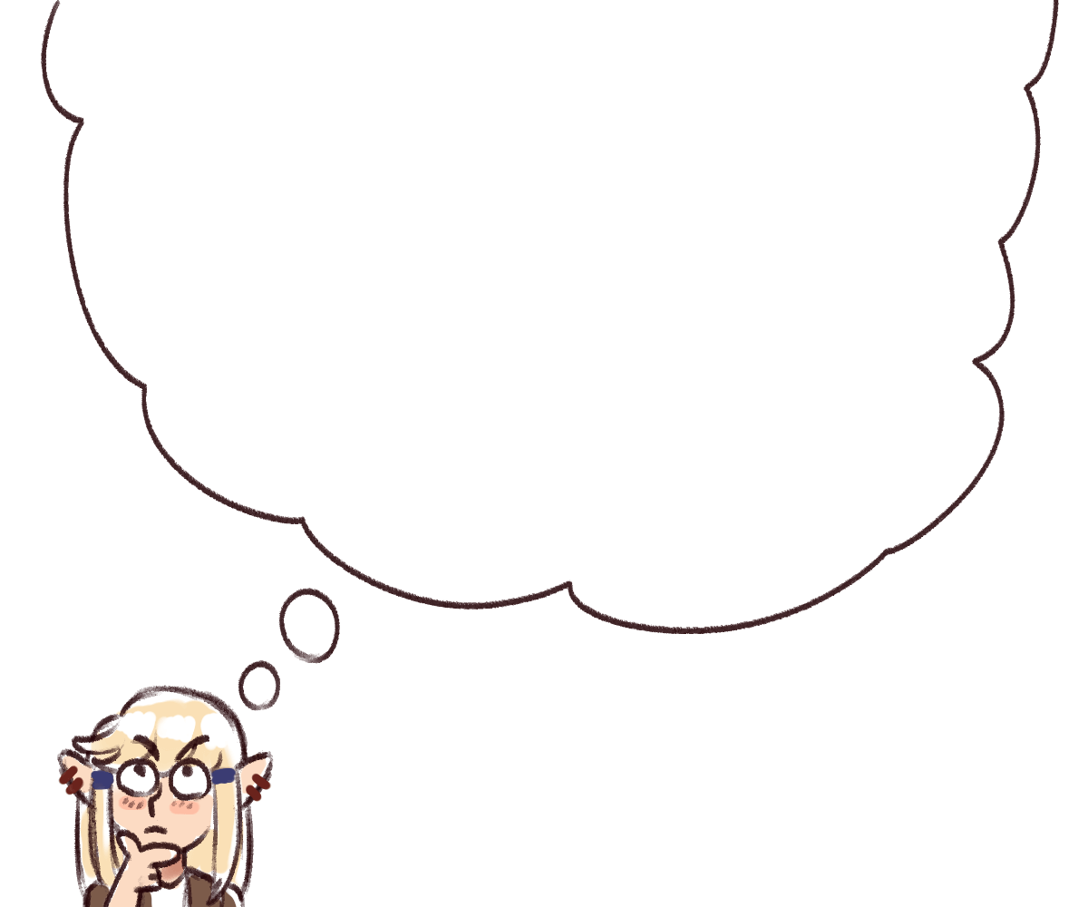 doodle of Caelle thinking very hard, but her thought bubble is empty