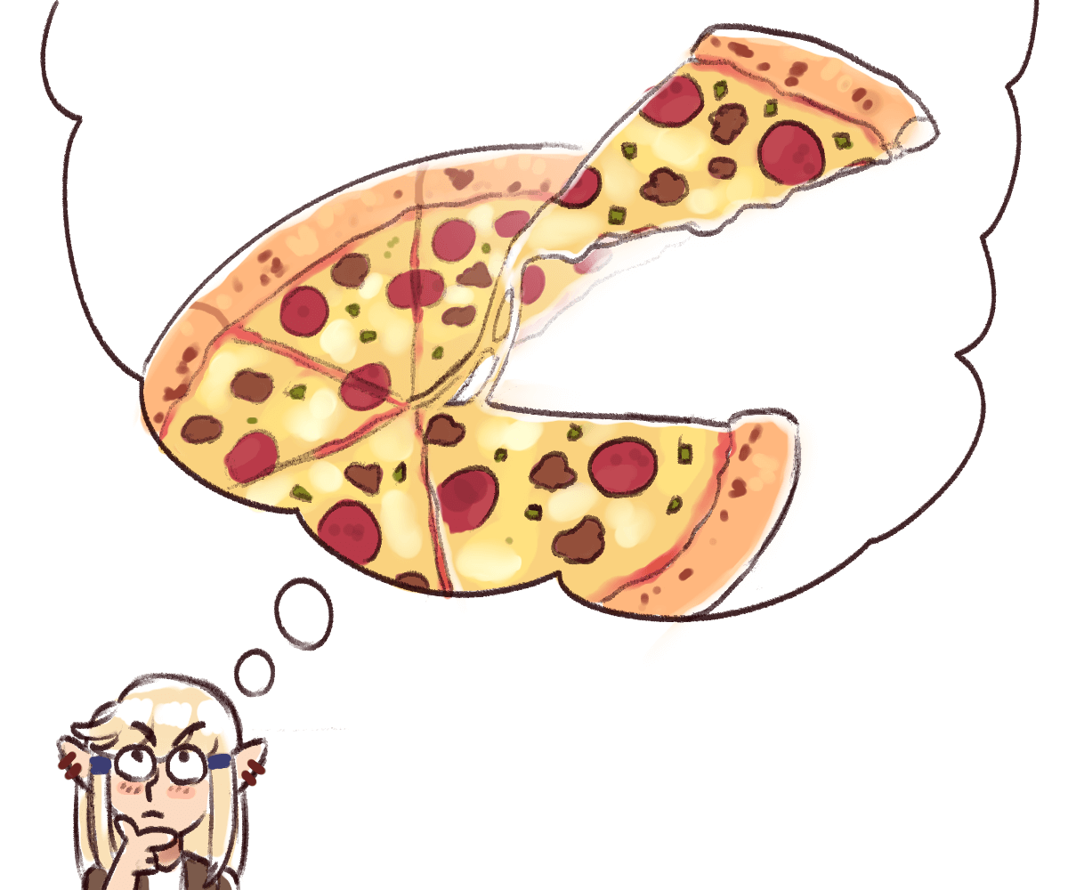 Doodle of Caelle thinking very hard about pizza