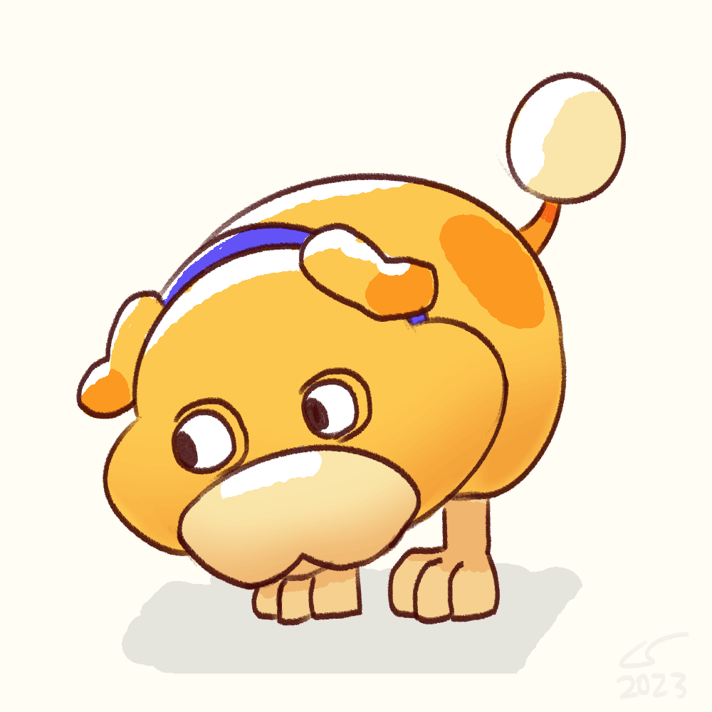 Colored doodle of Oatchi from pikmin 4, giving a judgmental head tilt.