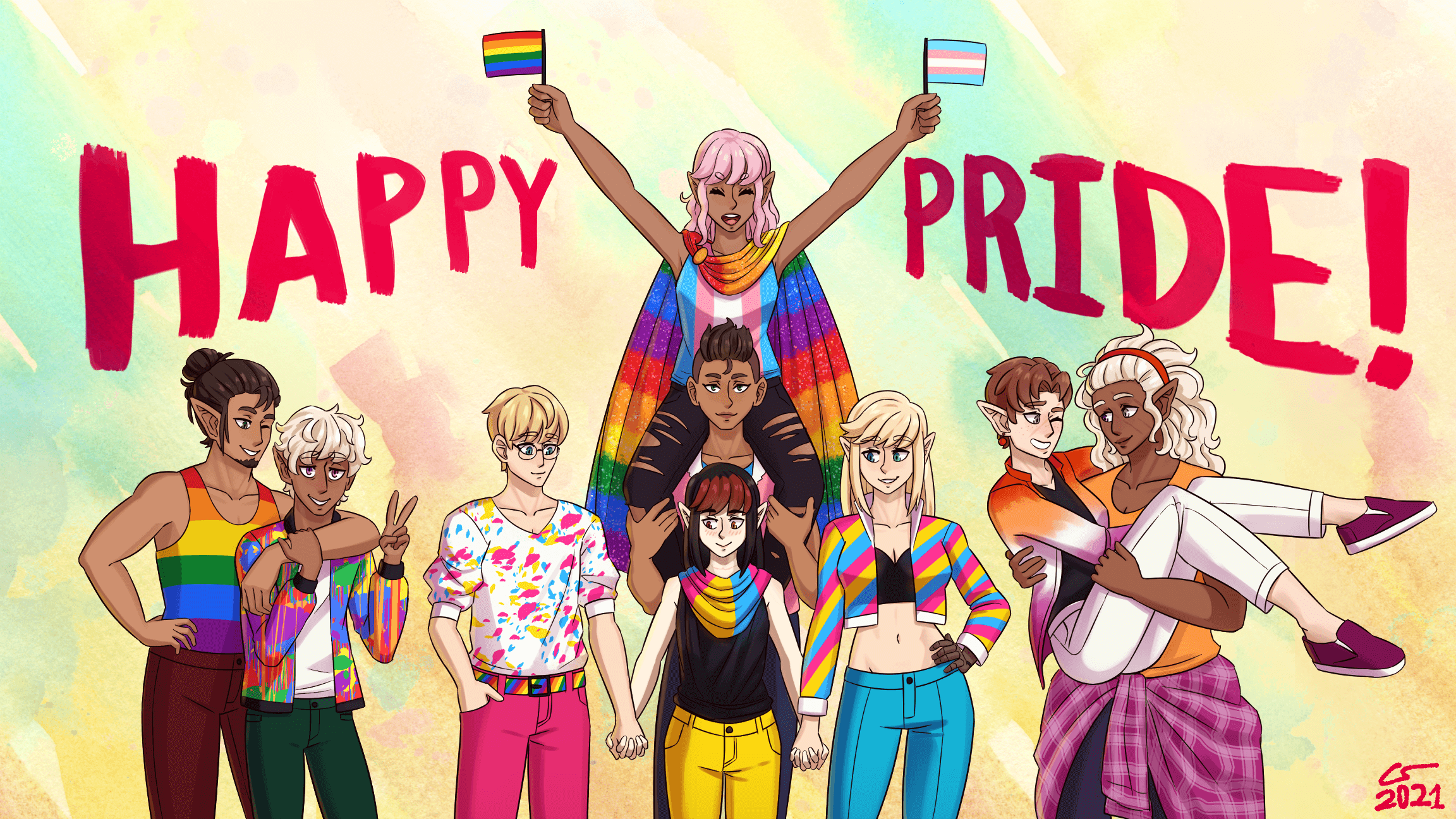 Illustration of Dulaen, Cosmo, Isaac, Vae, Caelle, Shen, Priscilla, Hae'lia and Vivian posed together in colorful, pride-themed outfits. Dulaen has his arm around Cosmo, Vivian is cradling Hae'lia in her arms, Isaac, Vae, and Caelle are holding hands, and Priscilla is Carrying Shen on her shoulders. Large text across the background reads 'Happy Pride!'