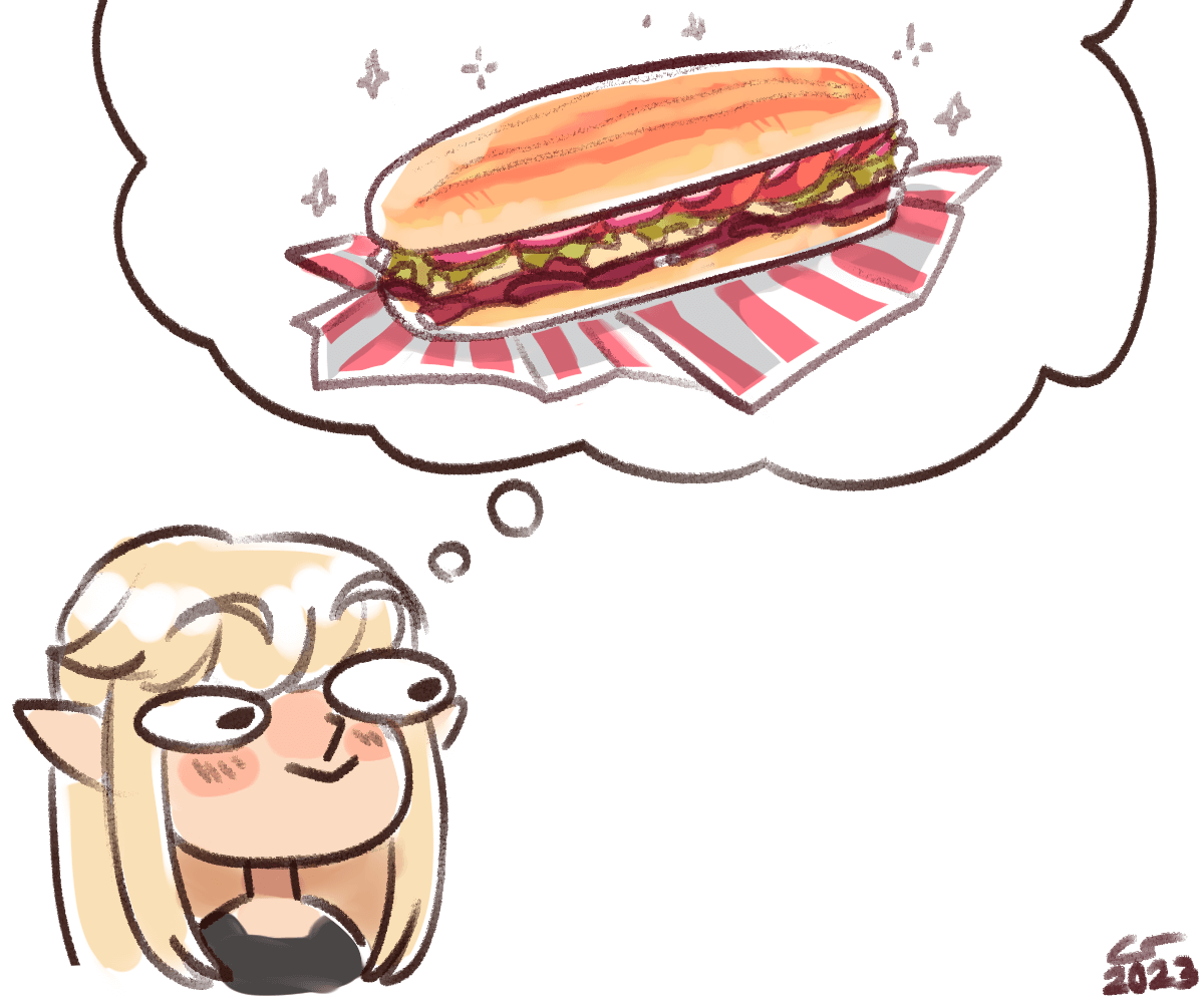 Caelle daydreaming about a big sandwich.