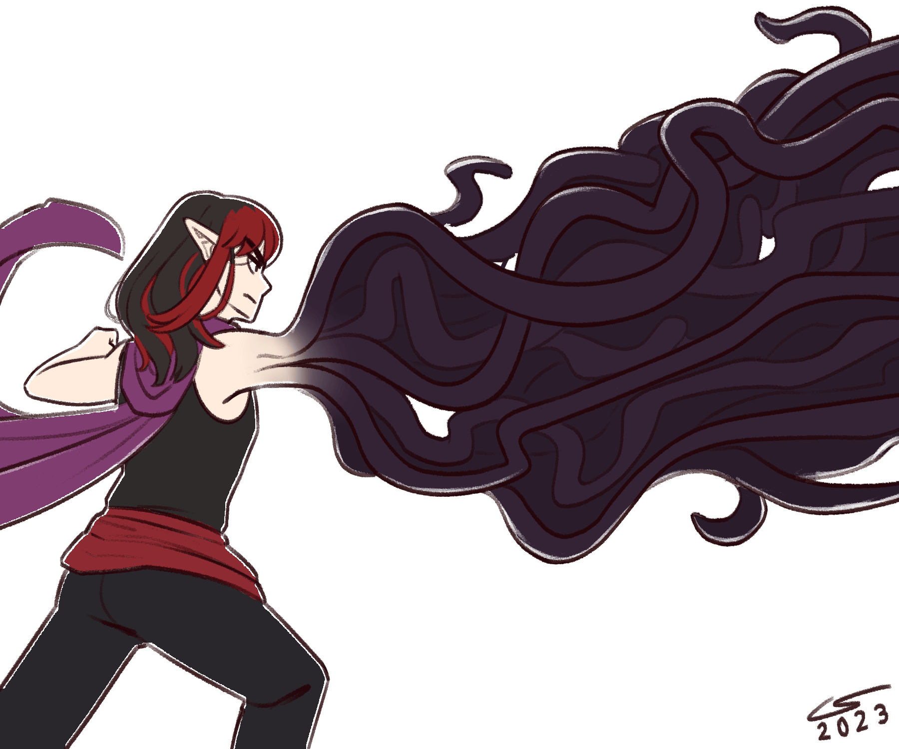 Colored sketch of Vae transforming her arm into a twisted cluster of black tentacles.