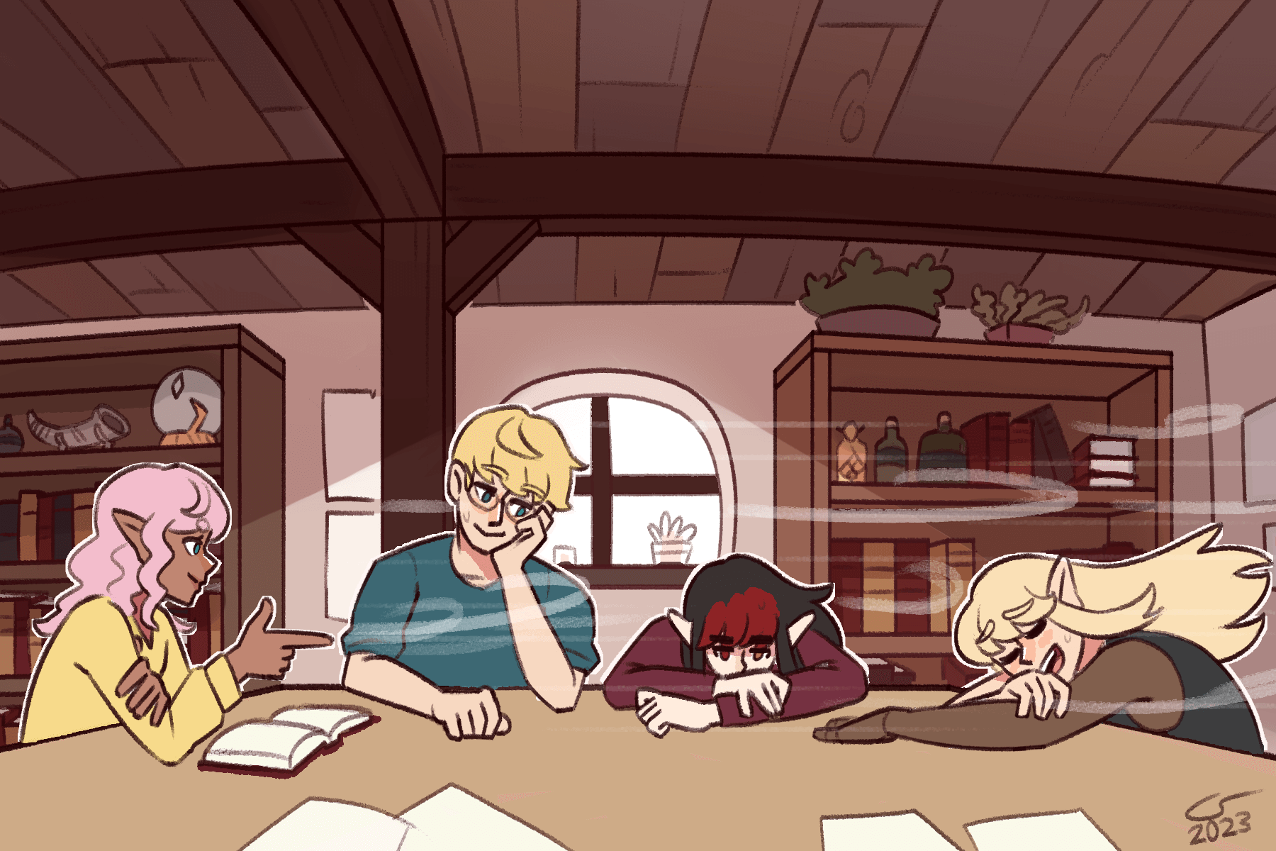 Illustration of Shen, Isaac, Vae, and Caelle sitting at a table in a cozy room. Shen is using her magic to cool down her friends with a gust of wind.