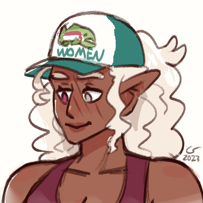 Colored sketch of Vivian wearing one of those meme fishing hats, only instead of ‘Women want me, fish fear me’, the slogan has been shortened to just say ‘women’, with a fish embroidered above it.