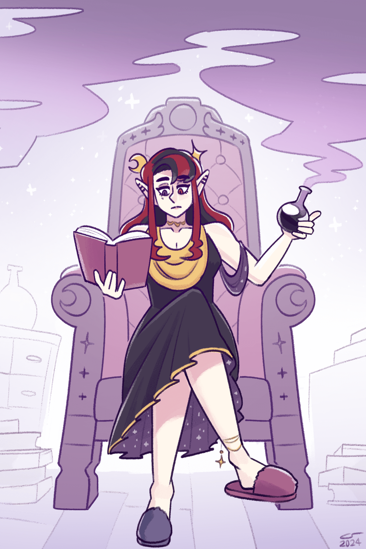 Illustration of Zaenumia sitting cross-legged in a large, wooden armchair. She's holding a book in one hand, and a potion bottle in the other. Purple smoke billows out from the bottle and surrounds her.