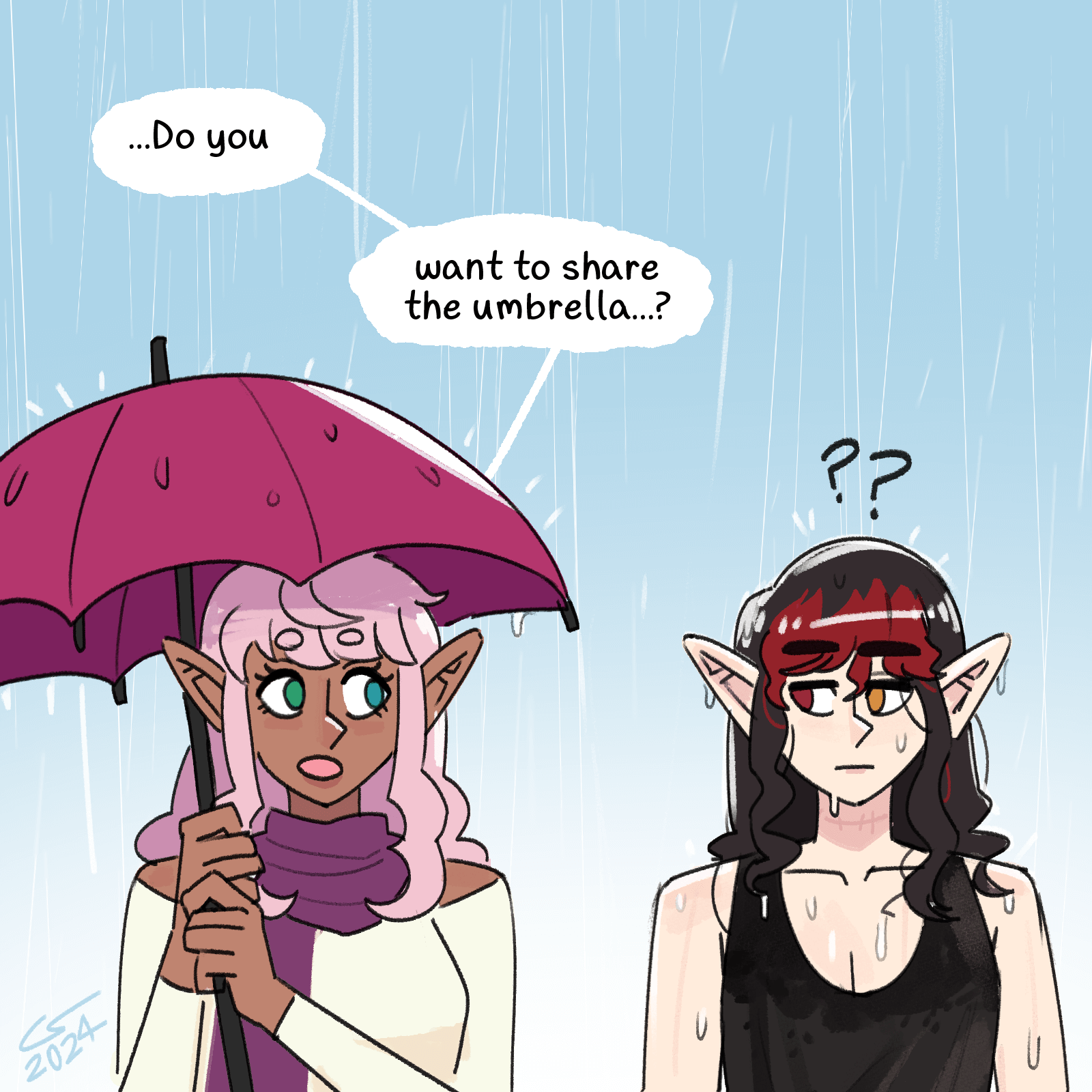 Shen and Vae are standing together in the rain. Shen is staying dry under an umbrella, and she's wearing Vae's scarf. Vae, on the other hand, is completely soaked, but looks unbothered. Shen stares at Vae incredulously, and asks '...Do you ...want to share the umbrella...?' Vae just stares at Shen in response, looking confused.