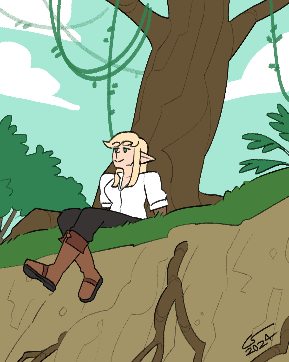 Colored sketch of Caelle sitting below a tree at the edge of a cliff, dangling her legs off the edge and staring calmly at the sky.