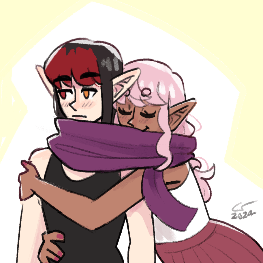 Sketch of Shen hugging Vae. Vae's scarf is wrapped around both their necks.