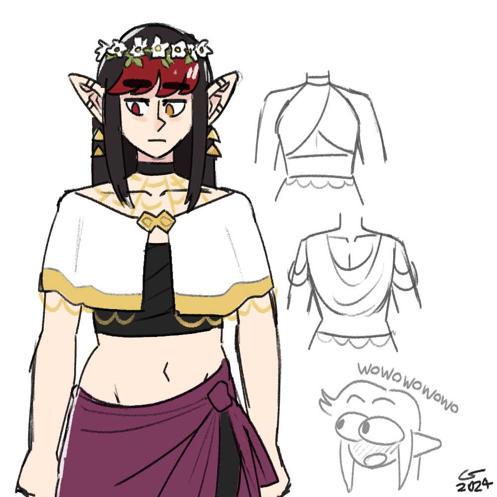 Illustration of Vae dressed in unusual clothing, loose and drapey. She has flowers in her hair. There's a tiny doodle of Caelle in the corner, staring wide-eyed at Vae, blushing, and saying 'wowowowowowow'