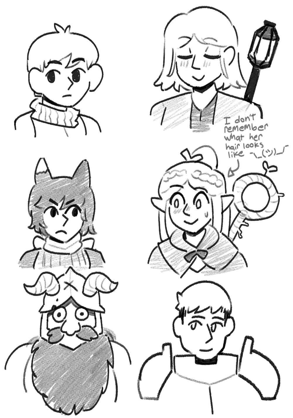 Drawings of the main protagonists of Dungeon Meshi, drawn from memory. They all look basically correct, but a little wonky. There's a note written next to Marcille that says 'I don't remember what her hair looks like,' followed by a hand-drawn shrugging emoticon