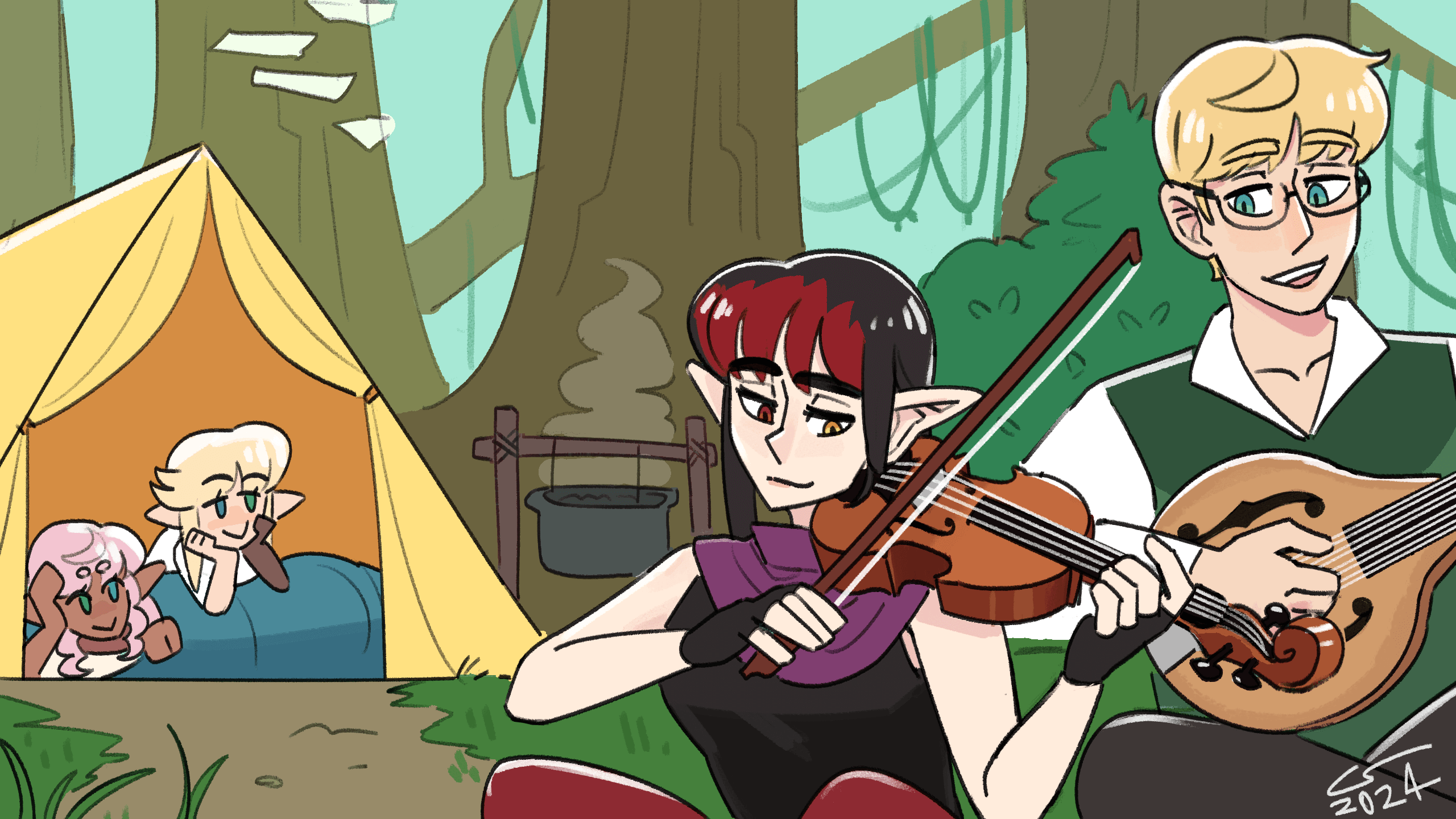 Illustration of Vae and Isaac playing music together at a camp in the forest, while Caelle and Shen watch from a tent in the background. Vae is playing the violin, while Isaac is singing and playing the mandolin.