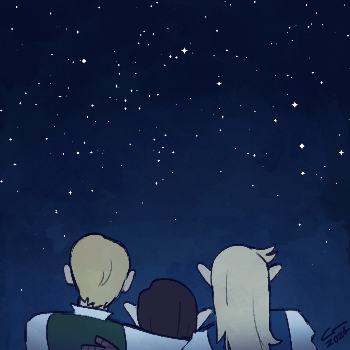 Bittersweet illustration of Isaac, Vae, and Caelle, sitting together and staring up at the night sky, facing away from the viewer.