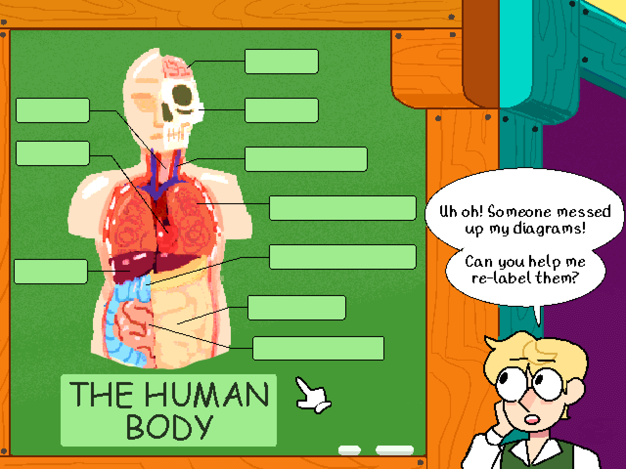 Illustration in the style of a 90s edutainment game. Isaac is standing in front of a chalkboard displaying an unsettling, crunchy, low-resolution anatomical diagram of the human body. The diagram is covered in labels, but the labels are all blank. 'Uh oh!' says Isaac, 'Someone messed up my diagrams! Can you help me re-label them?'