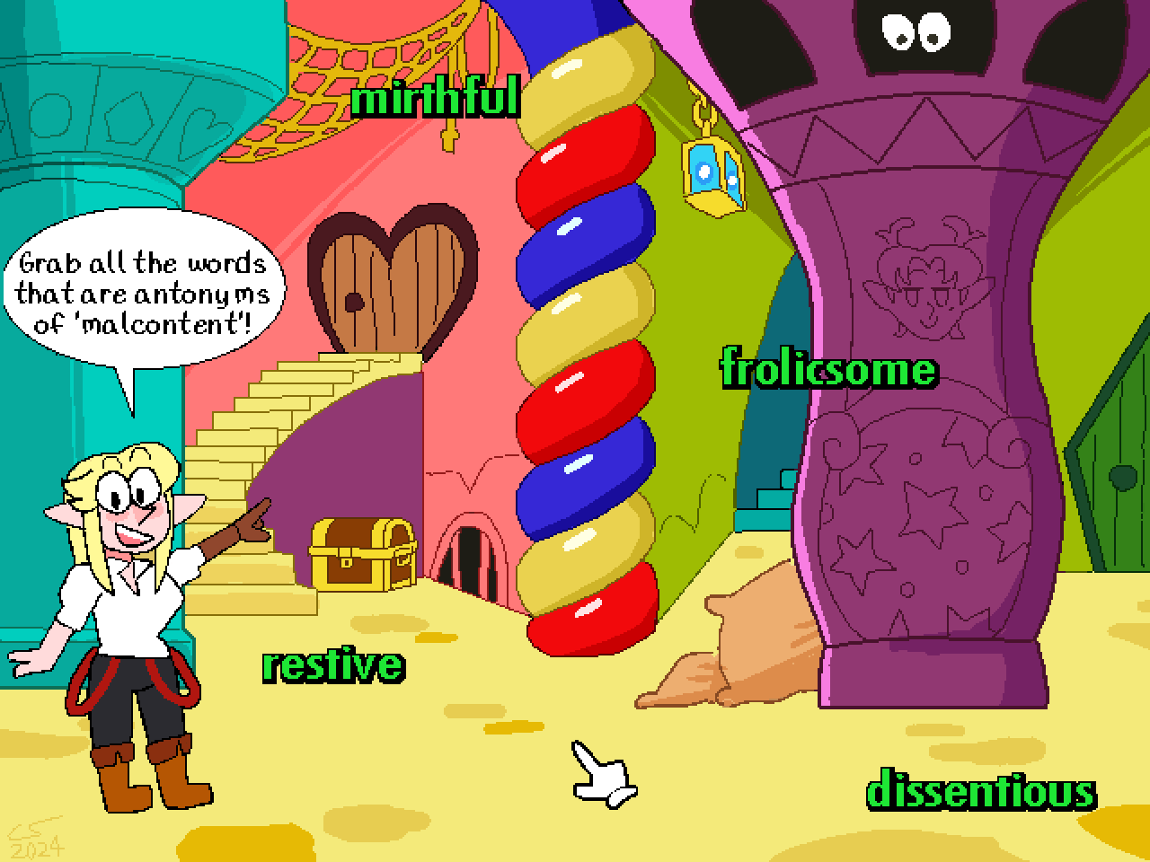 Illustration in the style of a 90s edutainment game. Caelle is in a colorful dungeon reminiscent of Reader Rabbit 2nd grade, pointing and exclaiming 'Grab all the words that are antonyms of malcontent!' scattered around the screen are the words 'mirthful', 'frolicsome', 'restive', and 'dissentious'.