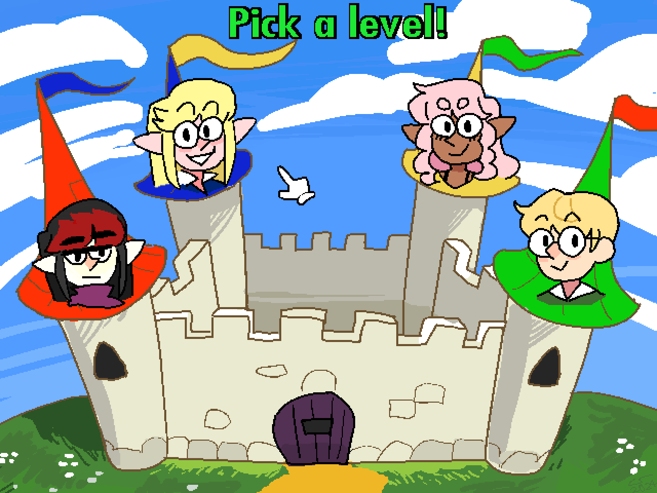 Illustration in the style of a 90s edutainment game. It's a level select screen showing a castle with four different-colored towers, and at the top of each tower is a tiny portrait showing a character. The four characters at the tops of the towers are Caelle, Vae, Shen, and Isaac. Text at the top of the screen says 'Pick a level!'