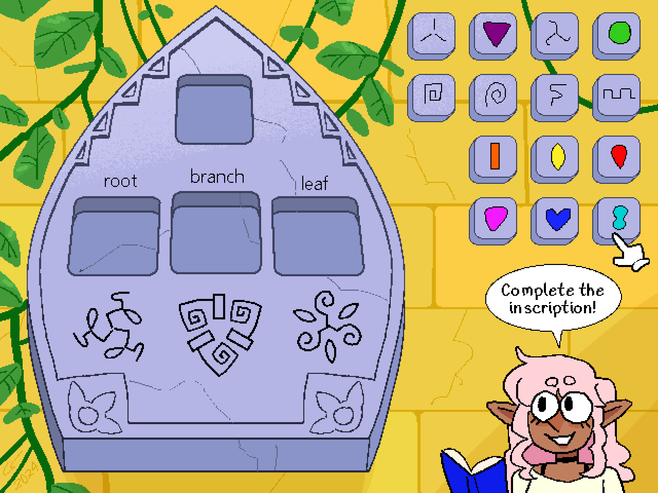 Illustration in the style of a 90s edutainment game. It looks like a screenshot of some completely inscrutable puzzle, consisting of a carved stone tablet with several square recesses in it, and a series of tiles that might fit in these recesses, each tile bearing a bizarre symbol. Shen is in the corner of the screen, smiling cheerfully and simply instructing the player to 'complete the inscription', with no indication of how one actually does that.