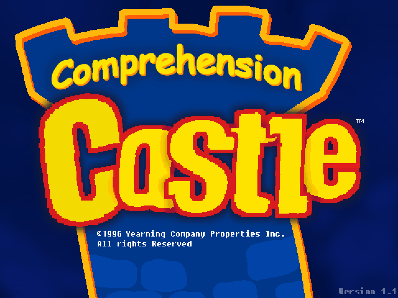 Illustration in the style of a 90s edutainment game. It's a title screen for a fictional game called 'Comprehension Castle', its title spelled out in large, bright-yellow lettering against a dark-blue background.