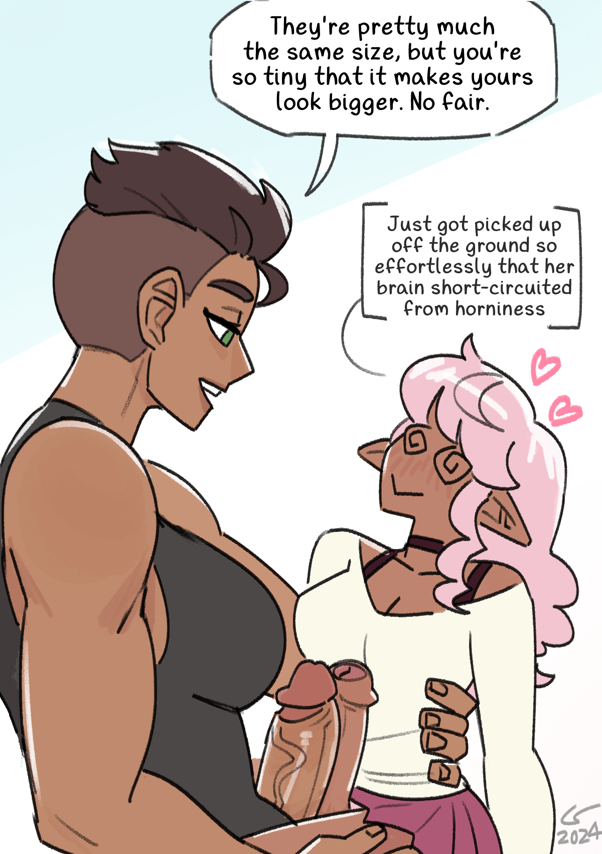 Illustration of Priscilla lifting Shen off the ground and pressing their cocks together to compare sizes. 'They're pretty much the same size, but you're so tiny that it makes yours look bigger,' Priscilla says with a grin. 'No fair.' Shen is too flustered to reply, practically swooning in Priscilla's arms. She's blushing hard, and her eyes have become spirals. A note above her head says 'Just got picked up off the ground so effortlessly that her brain short-circuited from horniness.'